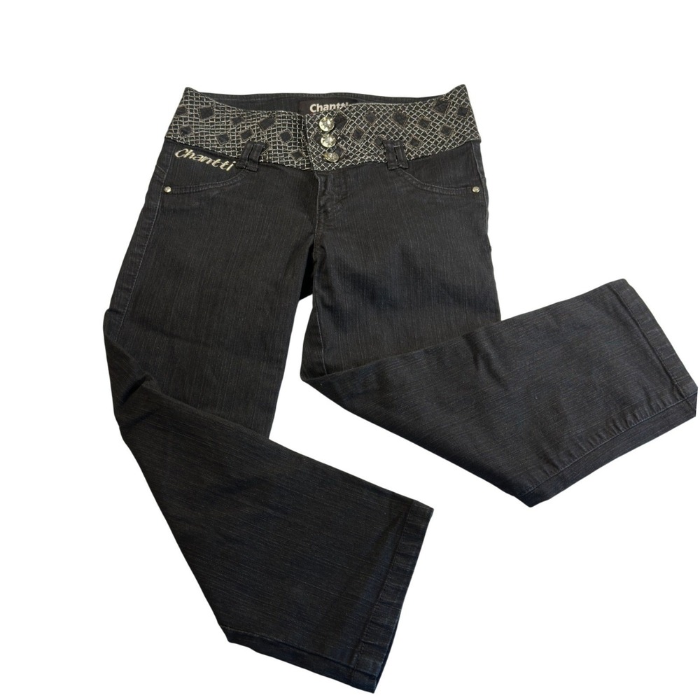 Y2K Black Rhinestone Embroidered Capri Jeans Colombian Denim Straight Leg Sz 10